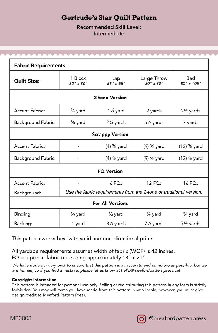 Gertrude's Star Quilt Pattern - printed