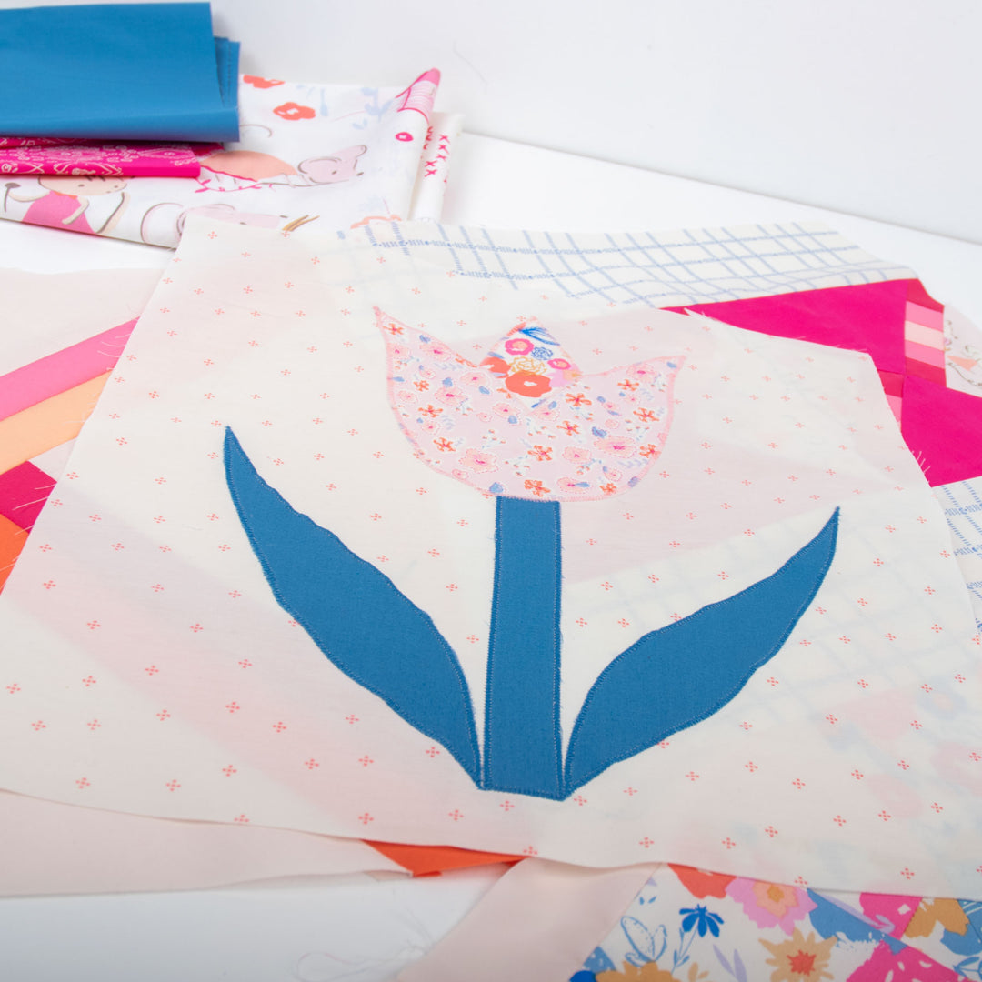 Close up of Appliqued Tulip Quilt Block Pattern